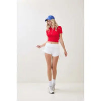 Red Ribbed Button Front Cropped Tee