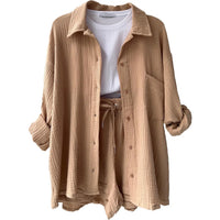 Relaxed Button-Up Shirt and Drawstring Shorts Two-Piece Set