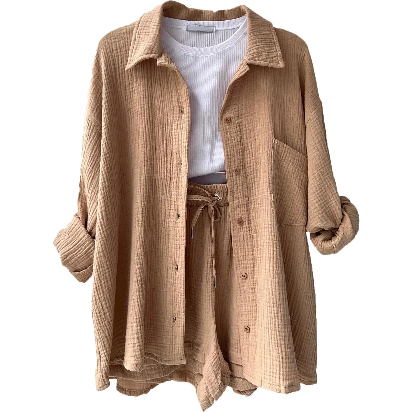 Nude Relaxed Button-Up Shirt and Drawstring Shorts Two-Piece Set