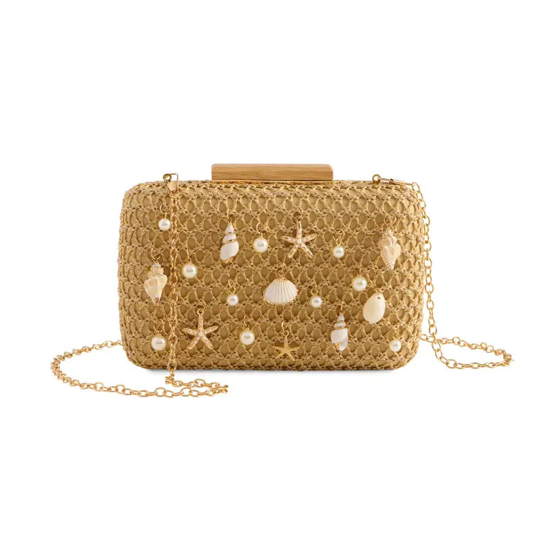 Seashell Charm Woven Straw Clutch with Pearl Accents