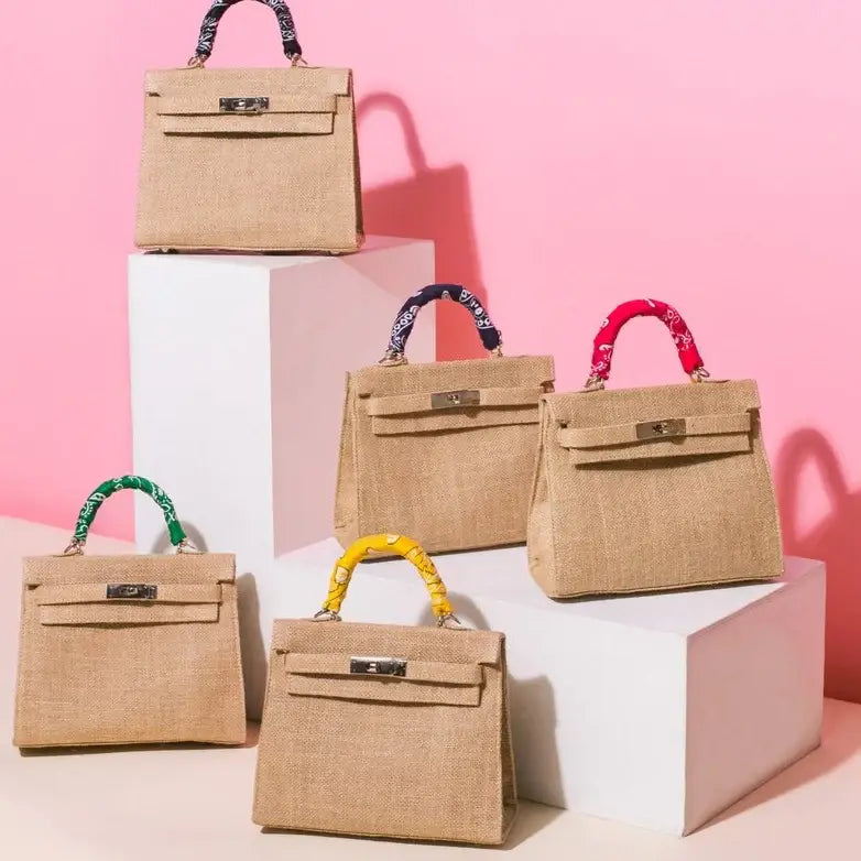 Bandana Handle Jute Satchel Bag with Crossbody Strap