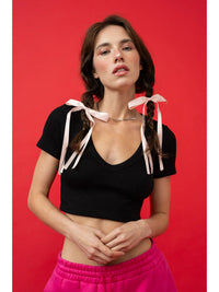 Black Ribbed V-Neck Crop Top with Ribbon Tie Shoulder Detail