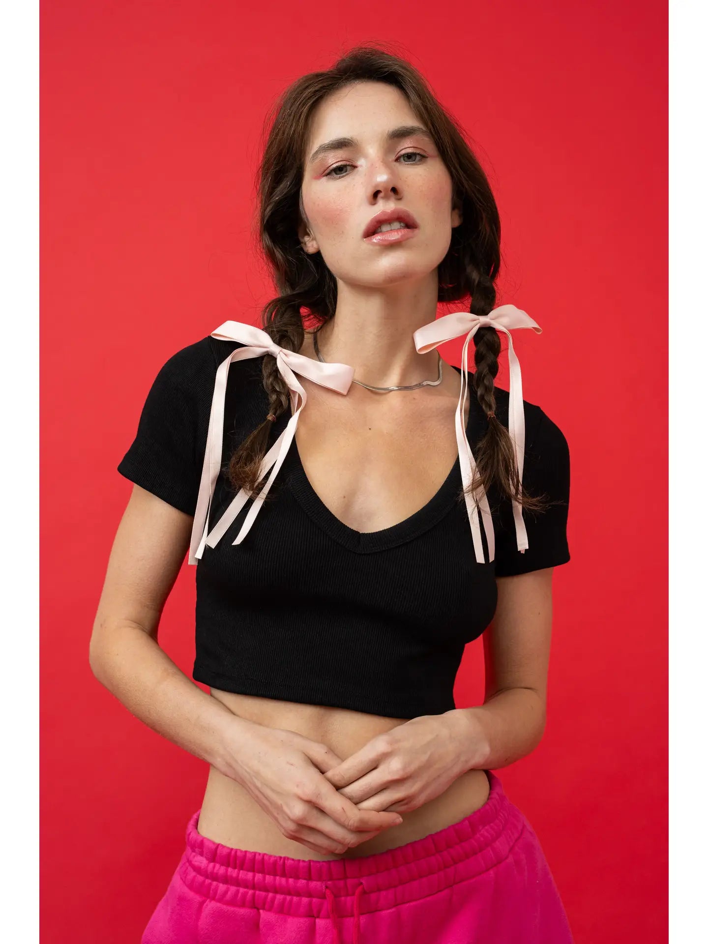 Black Ribbed V-Neck Crop Top with Ribbon Tie Shoulder Detail