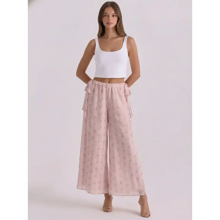 Blush Floral Wide Leg Pants with Side Tie Bow Detail