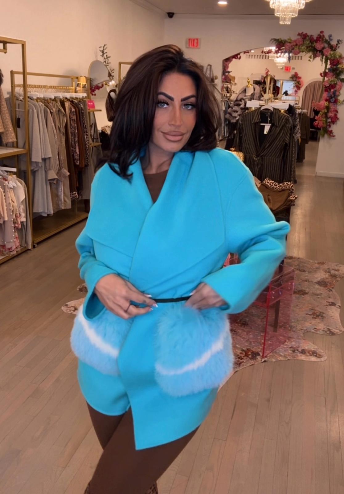 Blue Cashmere Belted Coat with Fox Fur Pockets