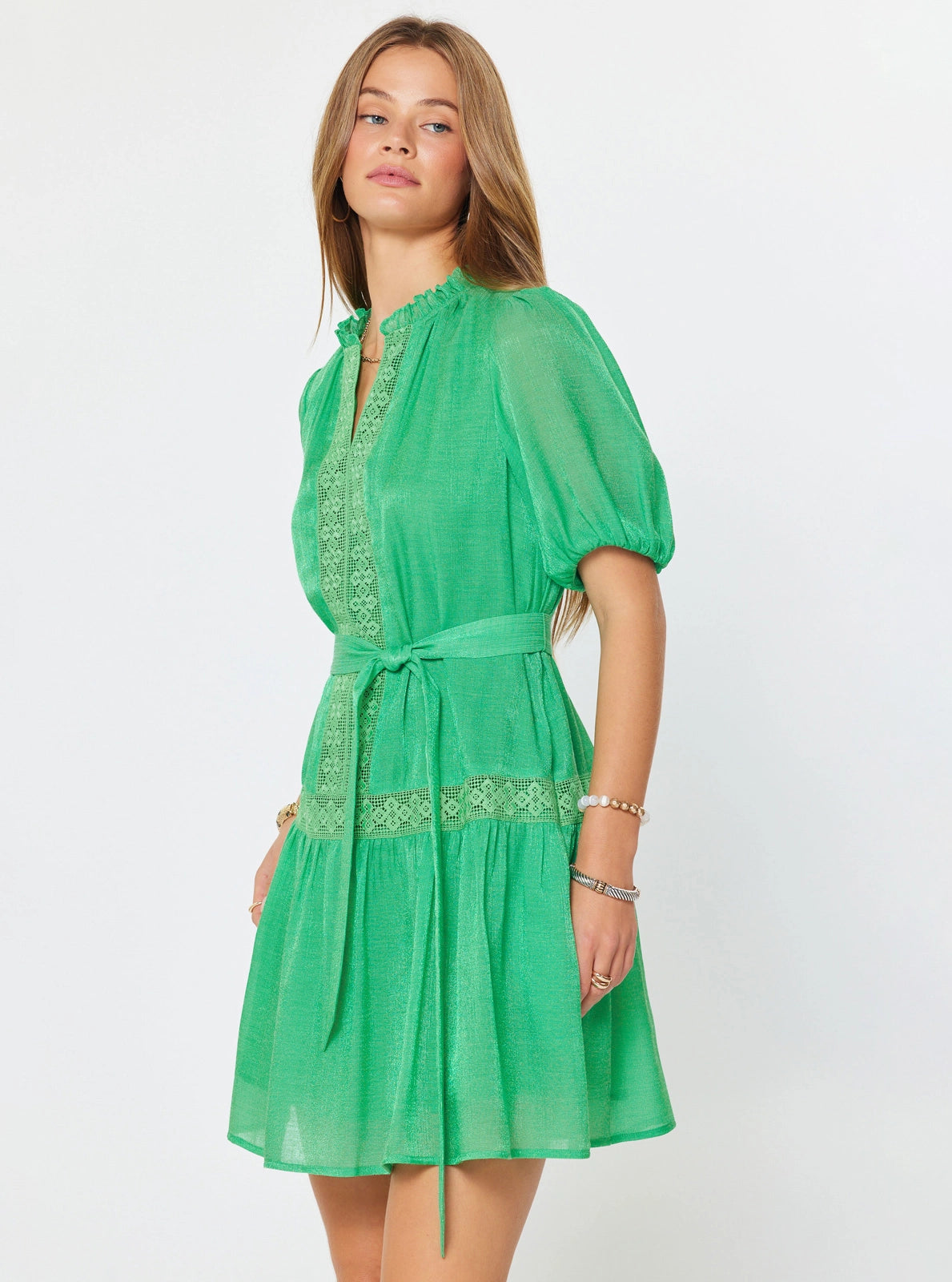 Emerald Green Lace Trim Tie Waist Mini Dress with Puff Sleeves