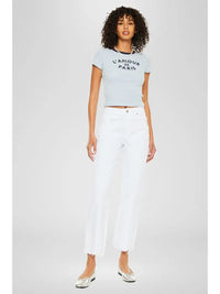 High Rise Slim Wide Leg White Jeans with Raw Hem