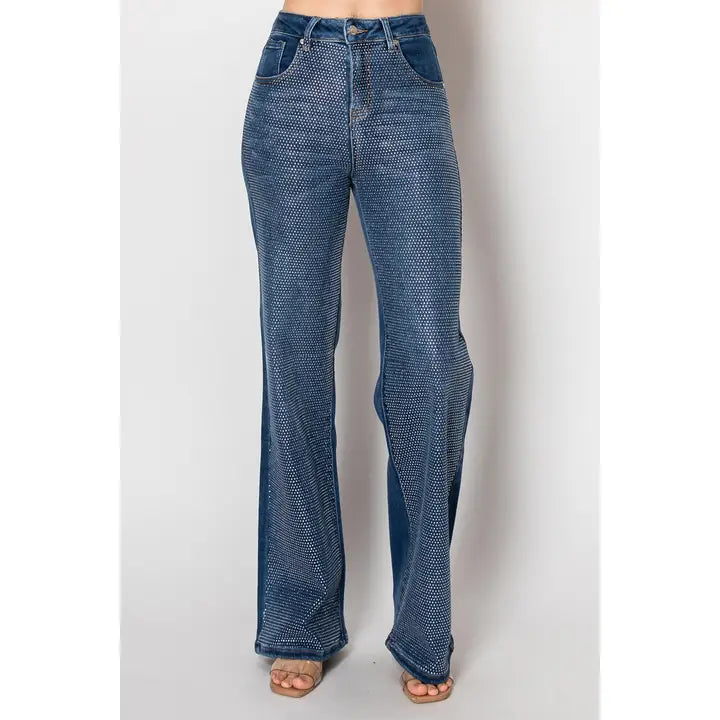 High-Rise Wide Leg Jeans with Micro Dot Print