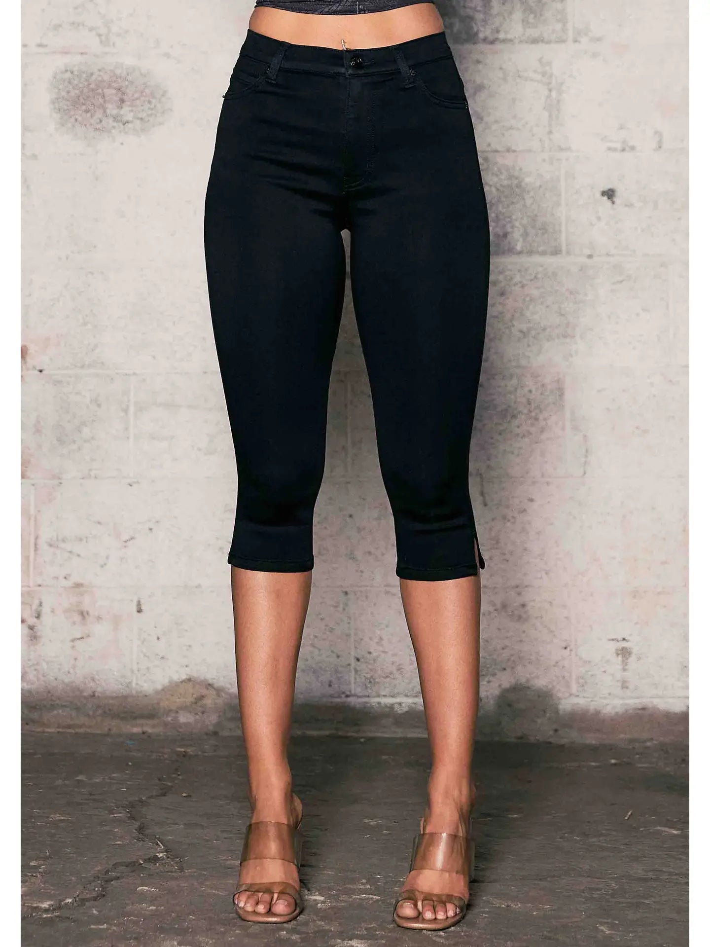 High-Rise Stretch Capri Pants with Side Slit Hem