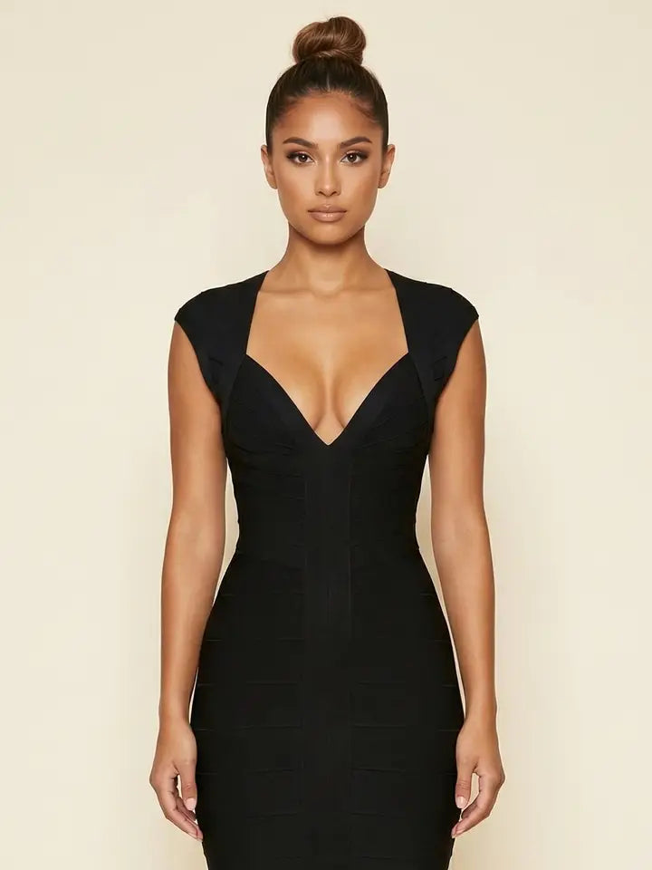 Deep V Neck Cap Sleeve Bodycon Mini Dress – Amanda Jean NYC