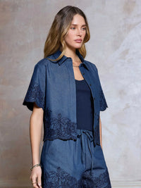 Embroidered Chambray Short Sleeve Button Front Top