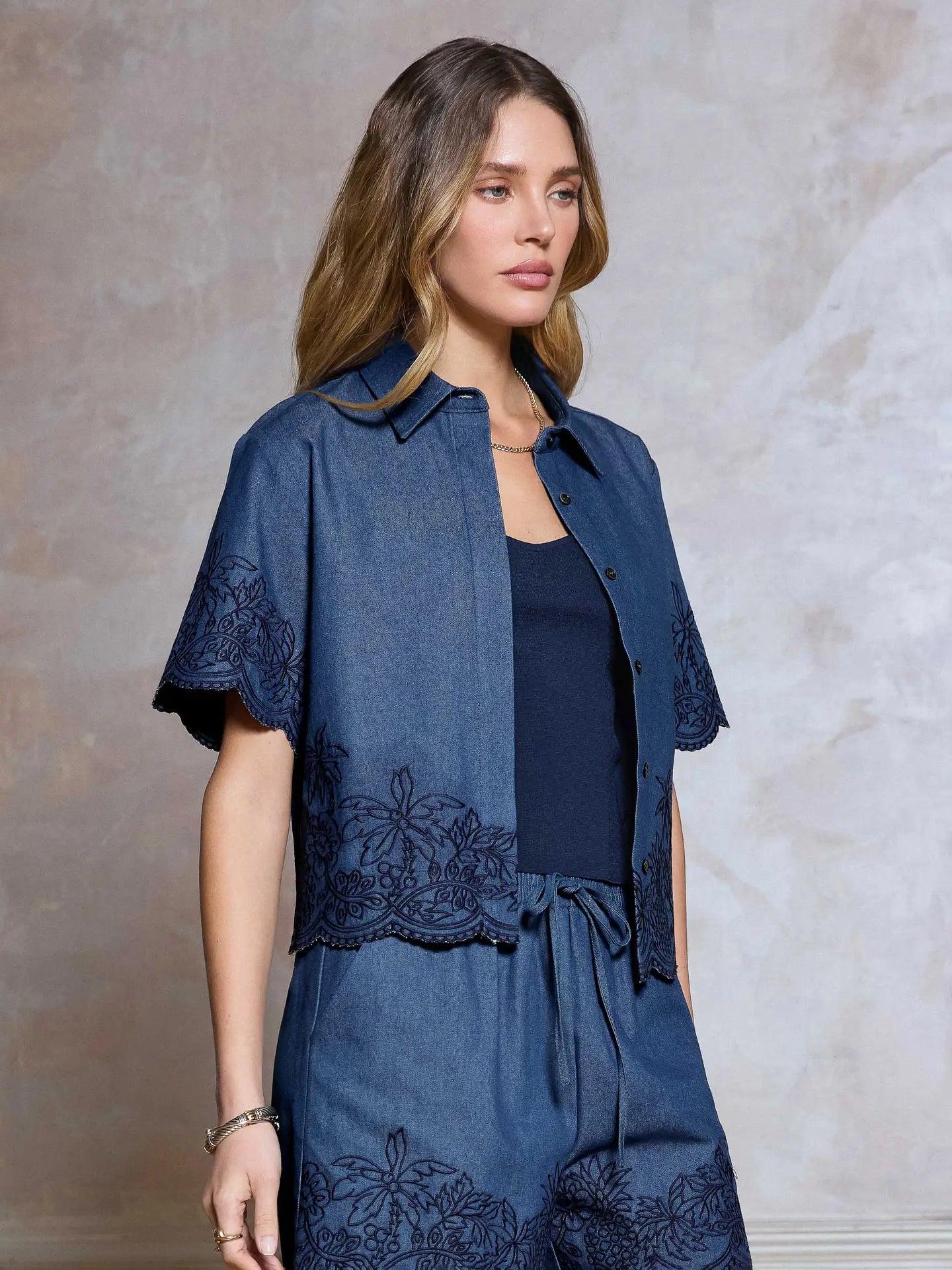 Embroidered Chambray Short Sleeve Button Front Top