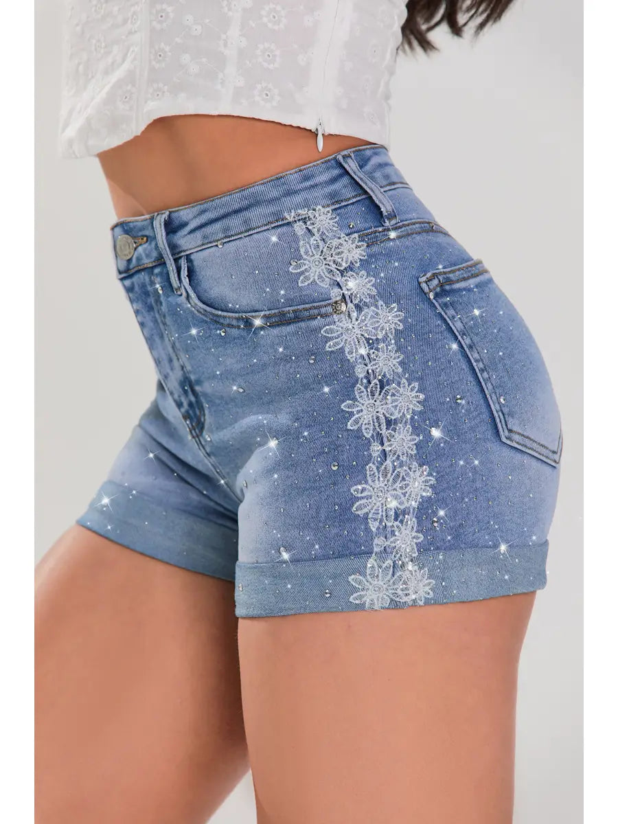 High Waist Rhinestone Lace Detail Denim Shorts