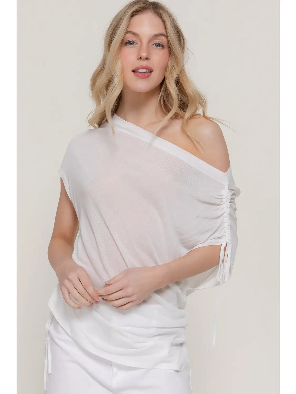 White One Shoulder Drawstring Side Top