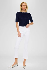 High Rise Cropped Kick Flare White Jeans with Side Slit Hem