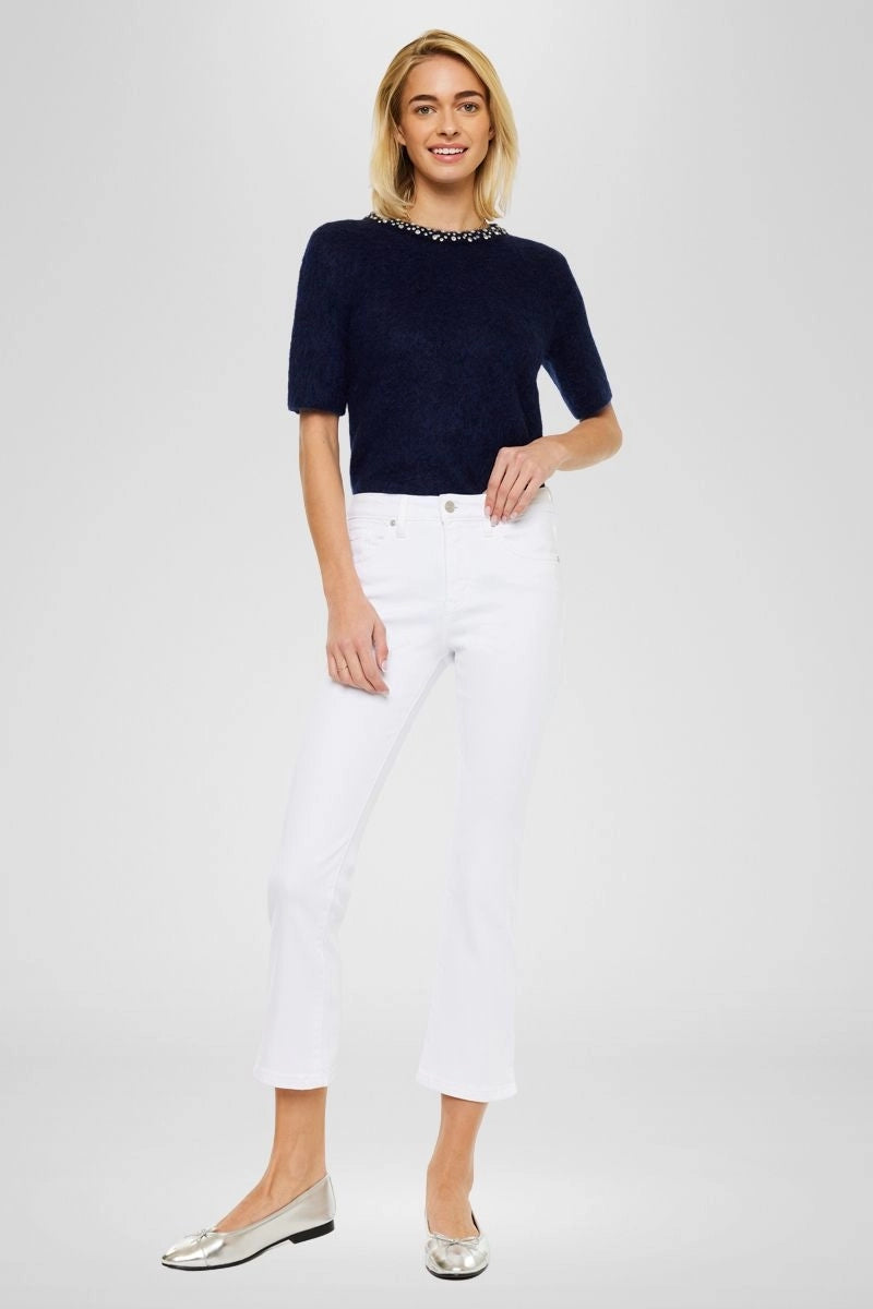 High Rise Cropped Kick Flare White Jeans with Side Slit Hem