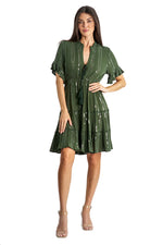 GREEN MINI DRESS WITH TASSEL TIE WAIST