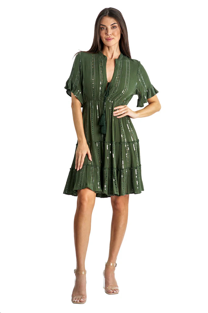 GREEN MINI DRESS WITH TASSEL TIE WAIST