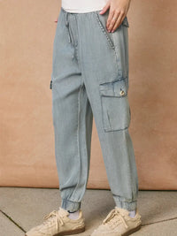 Washed Denim Cargo Jogger Pants with Drawstring Waist