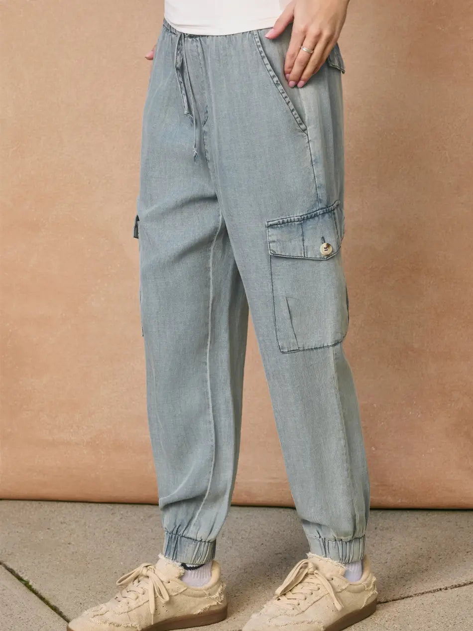 Washed Denim Cargo Jogger Pants with Drawstring Waist