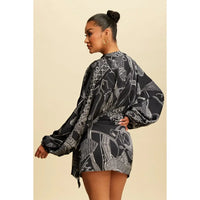 Black Long Sleeve Wrap Mini Dress with Equestrian Print