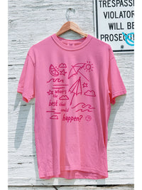 Pink Beach Graphic Tee with “What’s the Best That Could Happen?” Print