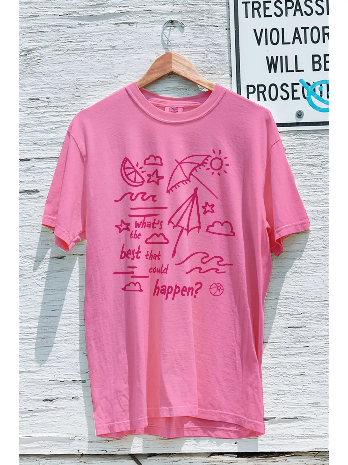 Pink Beach Graphic Tee with “What’s the Best That Could Happen?” Print