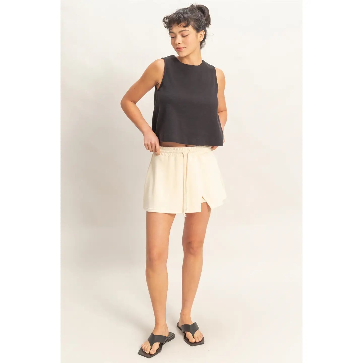 White Lounge Skort with Drawstring Waist and Side Slit
