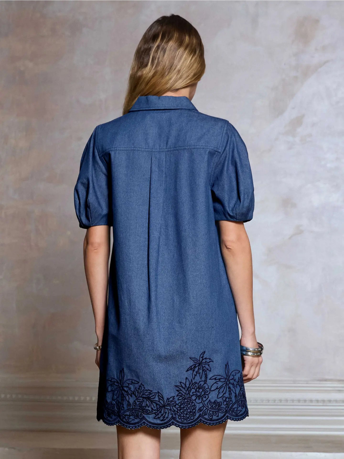Denim Blue Embroidered Puff Sleeve Mini Dress
