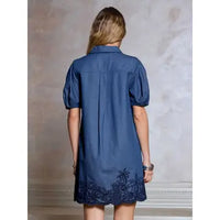 Denim Blue Embroidered Puff Sleeve Mini Dress