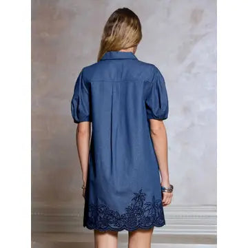 Denim Blue Embroidered Puff Sleeve Mini Dress