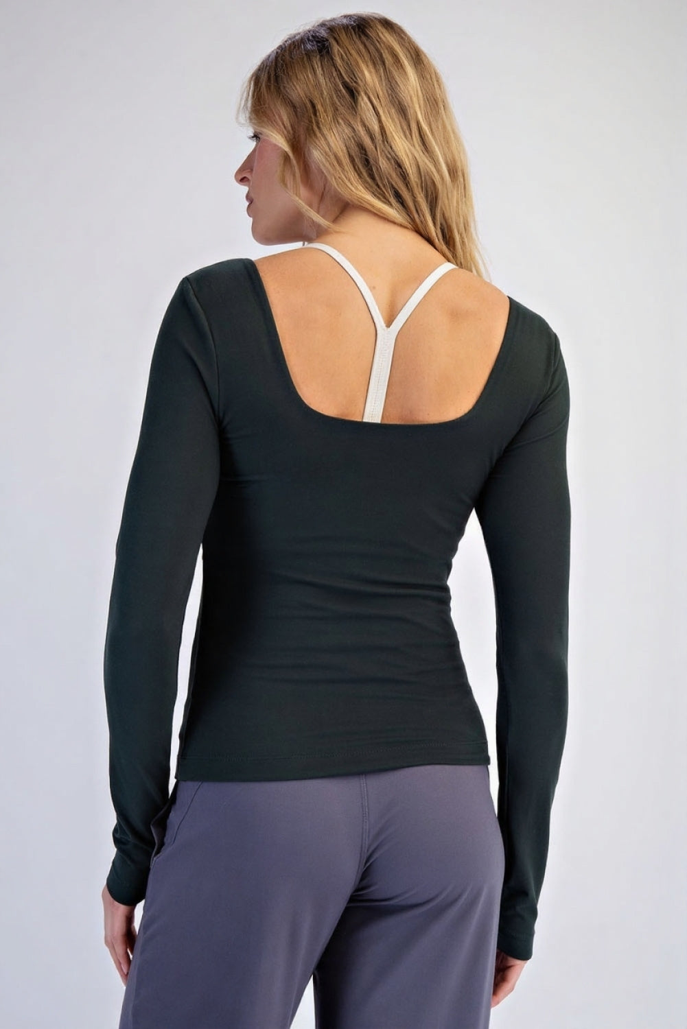 Square Neck Long Sleeve Top in Green