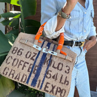 Burlap Coffee Sack Tote Bag with Blue Stripe Detail and Orange Scarf Handles