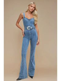 Rhinestone Embellished Denim Flare Jumpsuit
