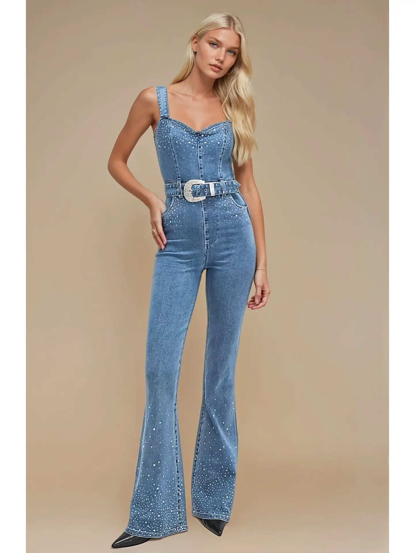 Rhinestone Embellished Denim Flare Jumpsuit