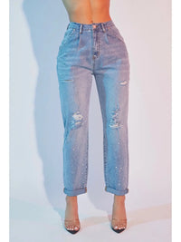 High Rise Distressed Boyfriend Jeans with Rhinestone Detail