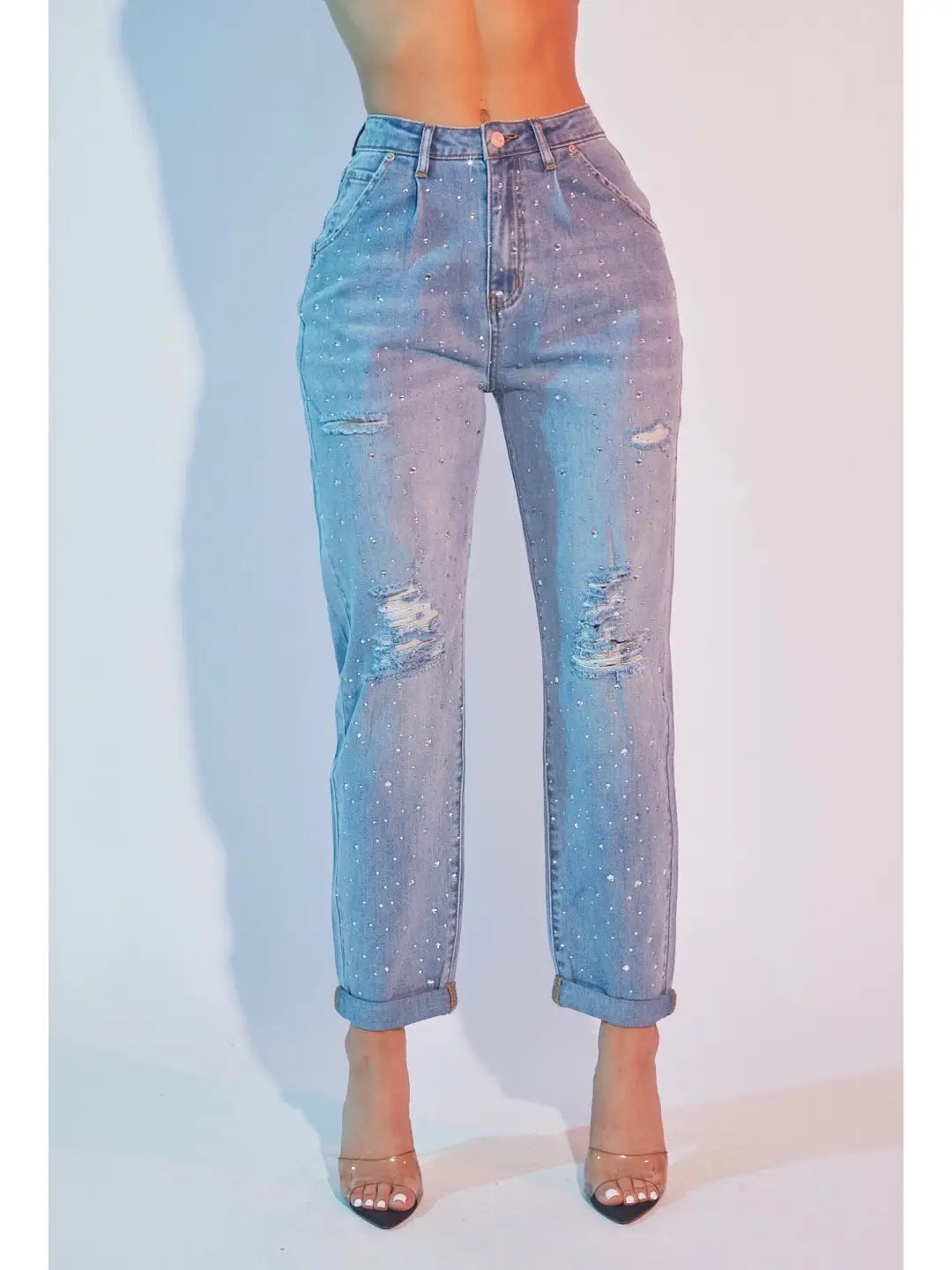 High Rise Distressed Boyfriend Jeans with Rhinestone Detail