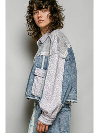 Patchwork Denim Lace Contrast Cropped Jacket with Utility Pockets