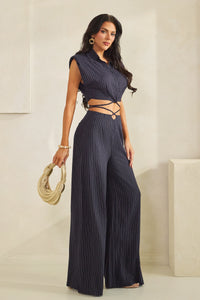 Blue Pinstripe Crop Top and Wide Leg Pants Matching Set with Wrap Tie Detail