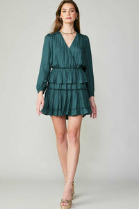 Emerald Green Pleated Tiered Mini Dress with Long Sleeves