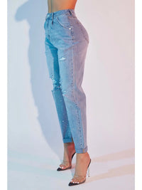 High Rise Distressed Boyfriend Jeans with Rhinestone Detail