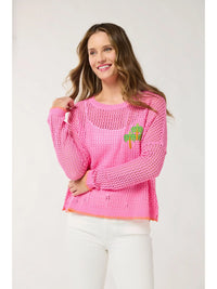 Pink Open Knit Palm Embroidered Lightweight Sweater