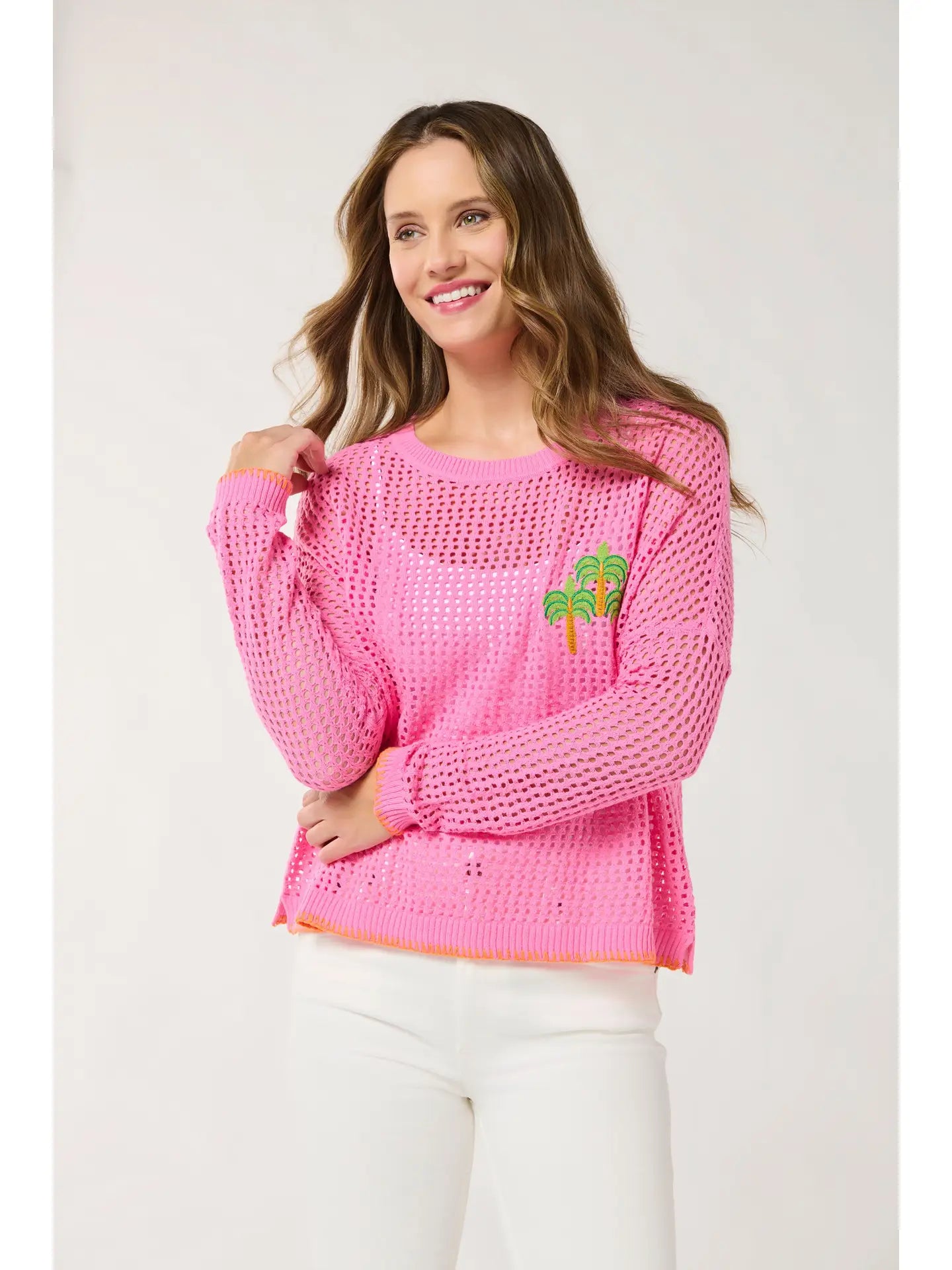 Pink Open Knit Palm Embroidered Lightweight Sweater