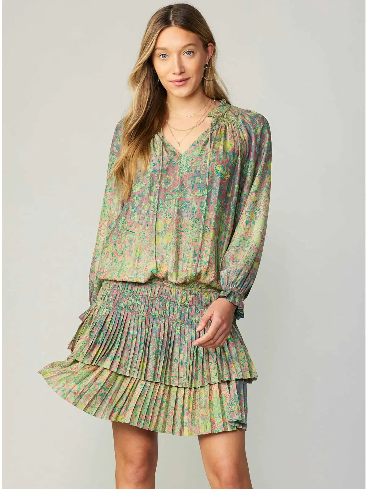 Floral Print Pleated Tiered Mini Dress with Smocked Waist