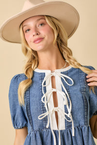 Denim Puff Sleeve Mini Dress with Front Tie Detail M Denim Puff Sleeve Mini Dress with Front Tie Detail M