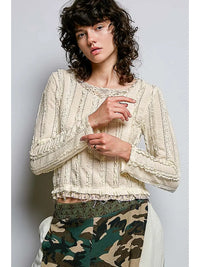 Textured Long Sleeve Knit Top with Lace Trim and Ruffle Hem Cream