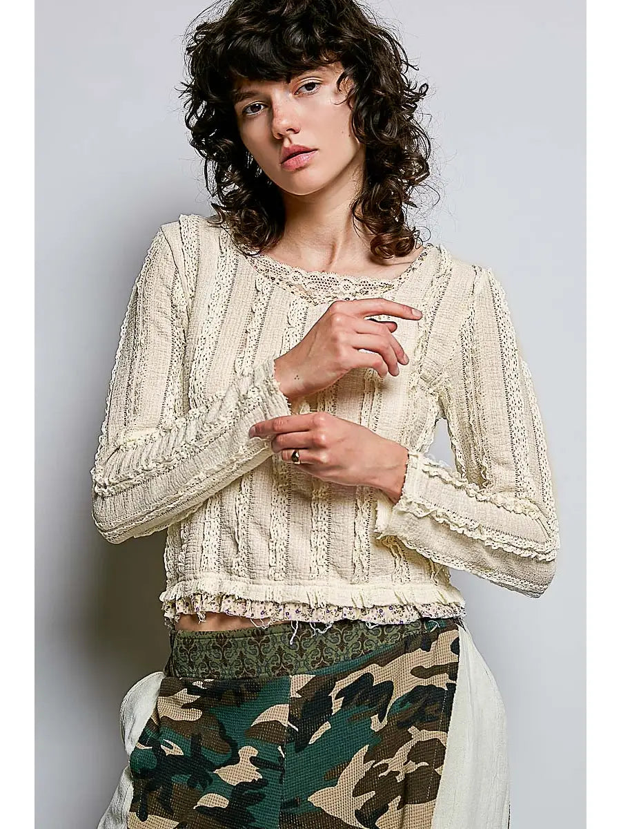 Textured Long Sleeve Knit Top with Lace Trim and Ruffle Hem Cream