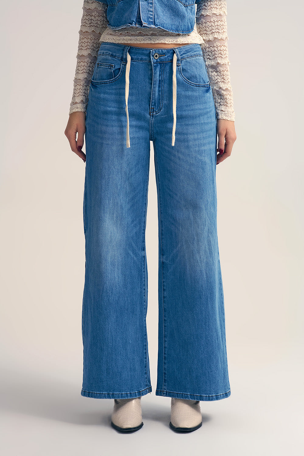 Drawstring Waist Wide Leg Denim Jeans
