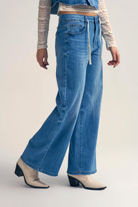 Drawstring Waist Wide Leg Denim Jeans