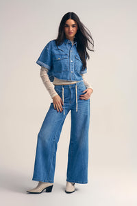 Drawstring Waist Wide Leg Denim Jeans